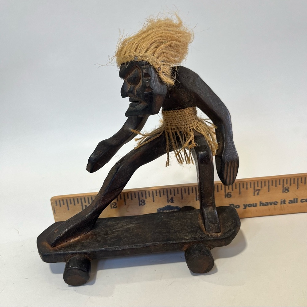 Vtg Hand-carved Wood Tribal Primitive Guy on Skateboard Tiki Figurine Burlap